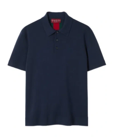 Gucci Wool Polo Shirt Web Detail In Blue