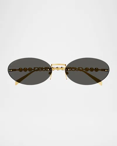 Gucci Rimless Metal Oval Sunglasses With Faux Pearls In Gold
