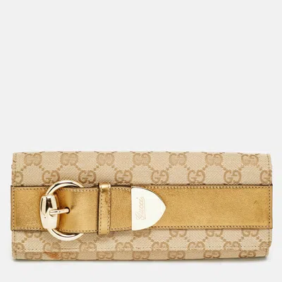 Pre-owned Gucci Romy Buckle Beige/bronze Gg Canvas And Leather Clutch In Sand