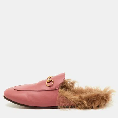 Pre-owned Gucci Rose Pink Leather And Fur Princetown Horsebit Flat Mules Size 37.5