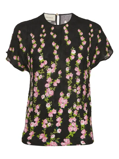 Pre-owned Gucci Rose-print Short-sleeve Top In Black