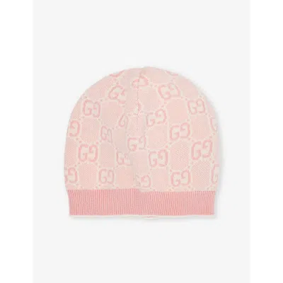 Gucci Kids' Monogram-print Ribbed Cotton Beanie 2-8 Years In Roseate/ivory