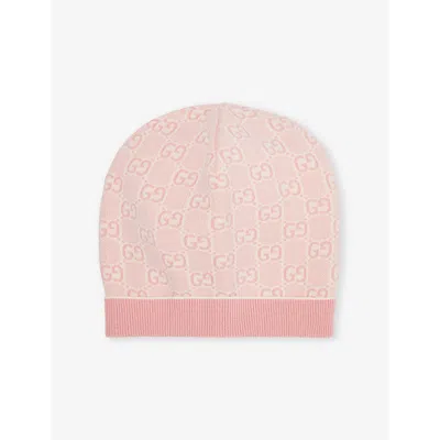 Gucci Kids' Monogram-print Ribbed Cotton Beanie 4-8 Years In Roseate/ivory