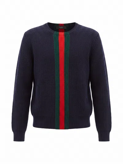 Gucci Fine Rib Wool Sweater With Web In Black