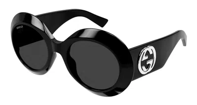 Pre-owned Gucci Round Sunglasses In Shiny Black/grey (gg1647s/007)
