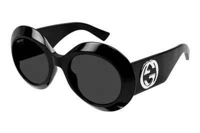 Pre-owned Gucci Round Sunglasses Shiny Black/grey (gg1647s-007)