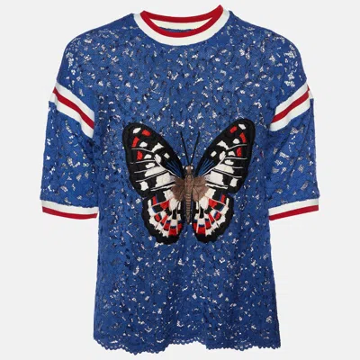 Pre-owned Gucci Royal Blue Lace Butterfly Appliqued Sheer Top S