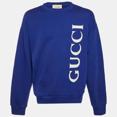 Pre-owned Gucci Royal Blue Logo Print Cotton Crew Neck Sweatshirt Xl