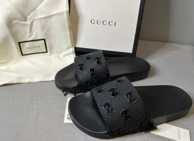 Pre-owned Gucci Rubber Gg Logo Pursuit Slides Sandals Black Mens Size 5 (us 5.5) Authentic