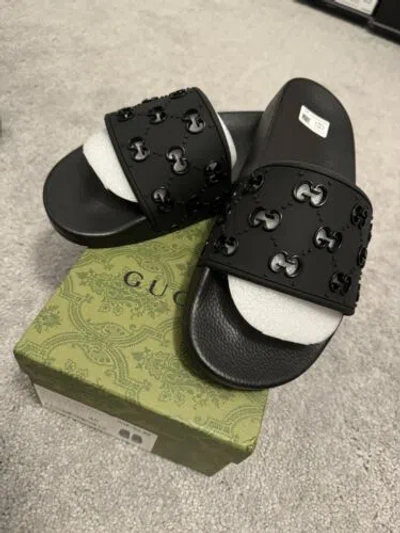 Pre-owned Gucci Rubber Gg Slide Sandal Men Size 11 Black