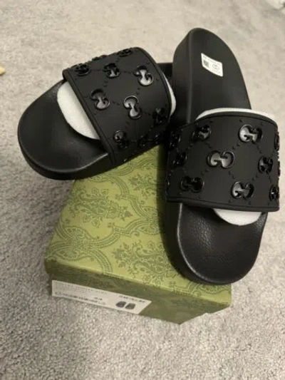 Pre-owned Gucci Rubber Gg Slide Sandal Size 10 Men Black