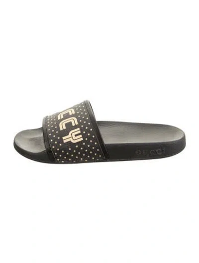 Pre-owned Gucci Rubber Graphic Print Slides In Black