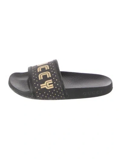 Pre-owned Gucci Rubber Graphic Print Slides In Black