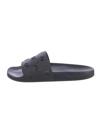 Pre-owned Gucci Rubber Graphic Print Slides In Blue