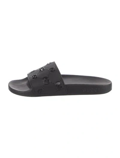 Pre-owned Gucci Rubber Lasercut Accents Slides In Black