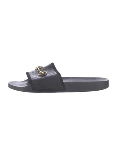 Pre-owned Gucci Rubber Lasercut Accents Slides In Black
