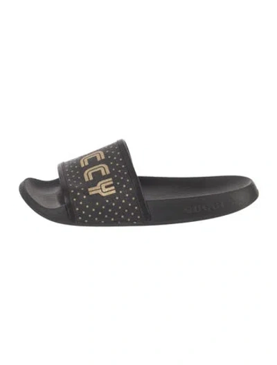 Pre-owned Gucci Rubber Printed Slides In Black