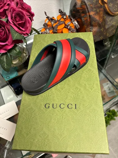 Pre-owned Gucci Rubber Sandal/ Web Slide "red Green" W/ Box 35"