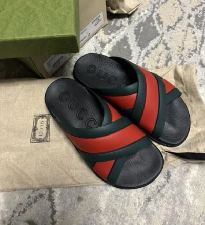 Pre-owned Gucci Rubber Sandals Women's Slide Eu37 Us7 Black/green/red 627820