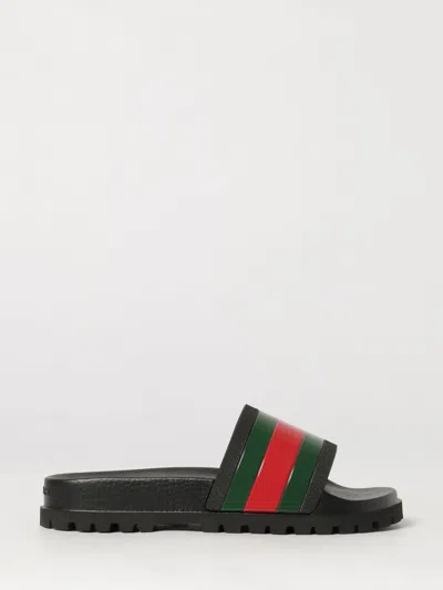 Gucci Rubber Slide Sandals With Iconic Striped Web Detail In Black