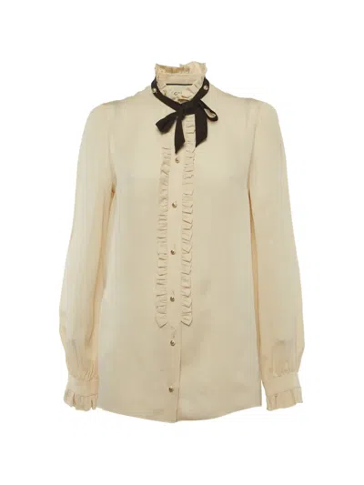 Pre-owned Gucci Ruffle Neck-tie Shirt In Neutral