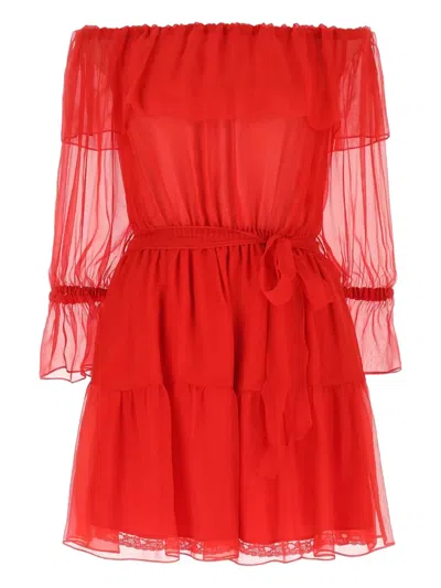 Pre-owned Gucci Ruffle Off-shoulder Silk Mini Dress In Red