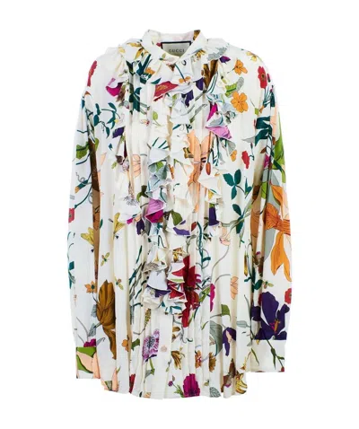 Gucci Ruffle Trim Floral Shirt In White