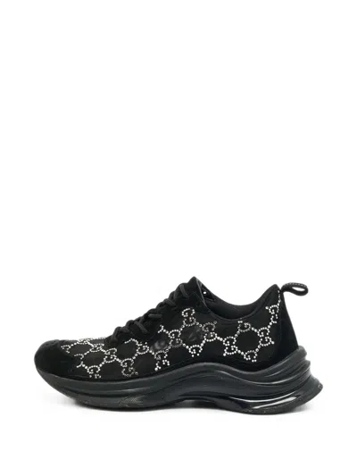 Pre-owned Gucci Run Gg Crystal-embellished Sneakers In Black