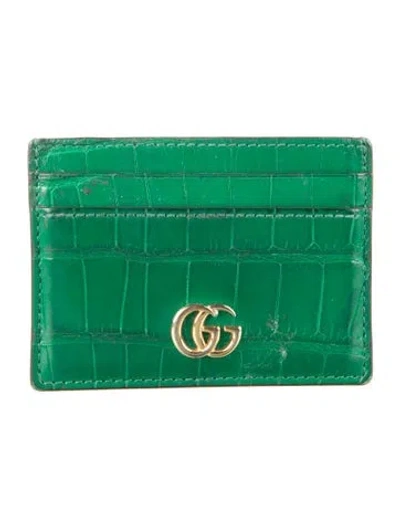 Pre-owned Gucci Running Gg Logo Alligator Card Holder In Green
