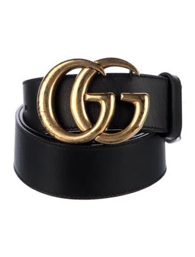 Pre-owned Gucci Running Gg Logo Leather Belt In Black