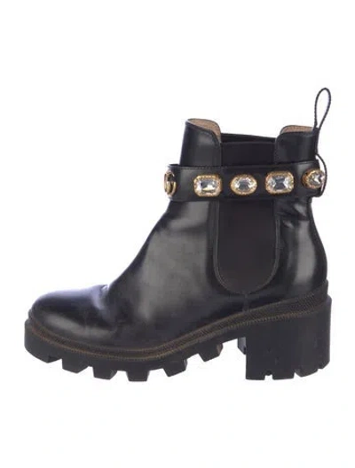 Pre-owned Gucci Running Gg Logo Leather Chelsea Boots In Black