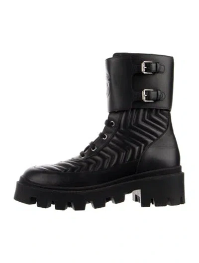 Pre-owned Gucci Running Gg Logo Leather Combat Boots In Blue