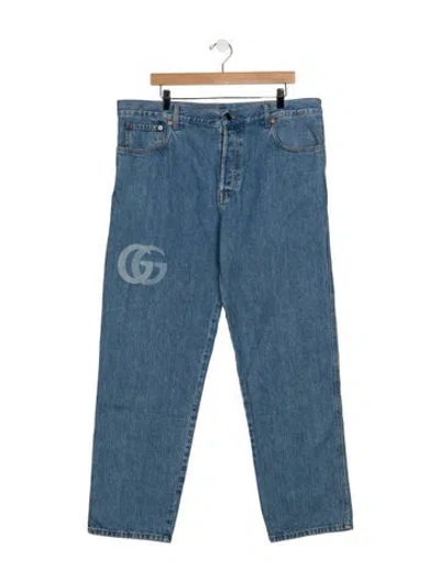 Pre-owned Gucci Running Gg Logo Straight-leg Jeans In Blue