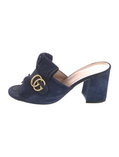 Pre-owned Gucci Running Gg Logo Suede Slides In Blue