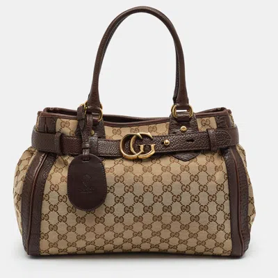 Pre-owned Gucci Running Medium Ebony/beige Gg Canvas And Leather Tote In Brown