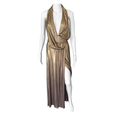 Pre-owned Gucci Runway F/w 2006 Plunging Neckline Backless Gold Metallic Dress Gown In Gray