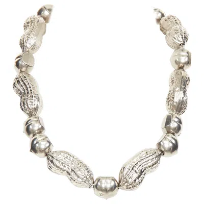 Pre-owned Gucci Runway Hazelnut Peanut Charm Textured Interlocking Gg Silver Tone Necklace In Multiple