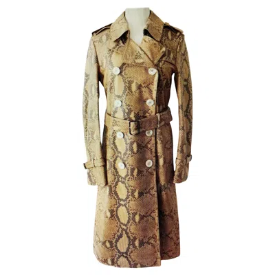 Pre-owned Gucci Runway Lamb Leather Python-print Trench Coat Italian Size 40 In Brown