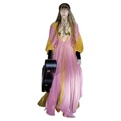 Pre-owned Gucci Runway Medieval-inspired Silk Handkerchief Hem Dress Gown New In Brown