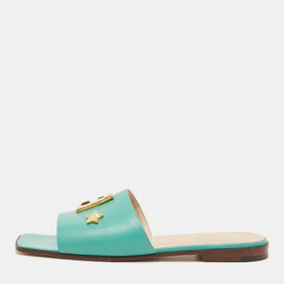 Pre-owned Gucci Runway Size 37 Green Leather Logo Flat Slide Sandals