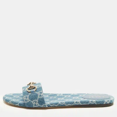 Pre-owned Gucci Runway Size 40 Blue Denim Logo Flat Slides