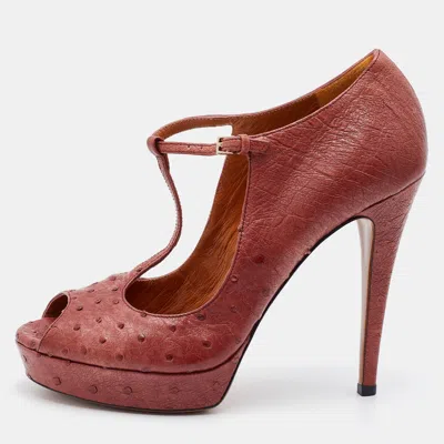 Pre-owned Gucci Rust Ostrich Betty T-strap Platform Pumps Size 38 In Brown