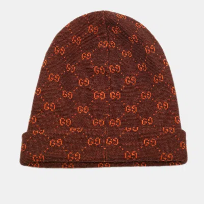Pre-owned Gucci Rust/brown Gg Jacquard Knit Alpaca Wool Beanie M