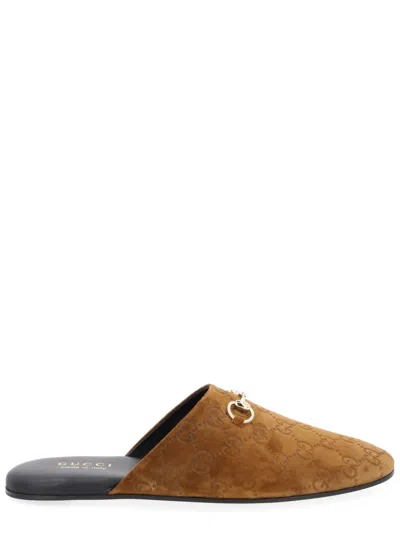 Gucci Women Brown Mule With Horsebit On The Front And All-over Gg Motif In Suede Woman