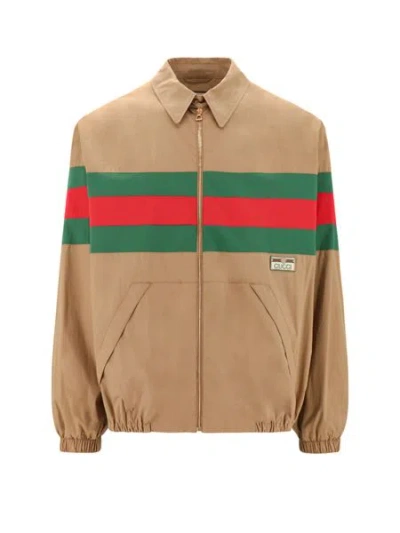 GUCCI SADDLE BROWN ZIPPERED COTTON JACKET FOR MEN | GREEN-RED-GREEN WEB DETAIL | TWO FRONT POCKETS