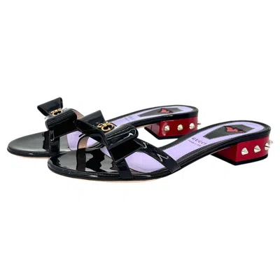 Pre-owned Gucci Sadie Spike Bow Gg Charm Patent Leather Slip On Mules Slides 36.5 In Black