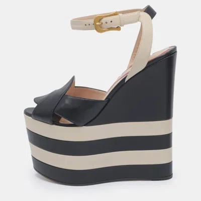 Pre-owned Gucci Sally Size 38 Dark Navy/white Leather Striped Platform Wedge Sandals In Blue