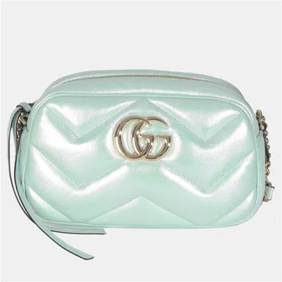 Pre-owned Gucci Salvy Green Iridescent Nappa Chevron Matelasse Small Gg Marmont Chain Bag
