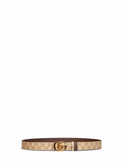 Gucci Sand And Dark Brown Cut Gg Marmont Reversible Belt In Multi