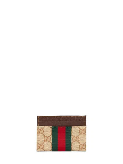 Gucci Sand And Dark Brown Gg Canvas Web Card Holder